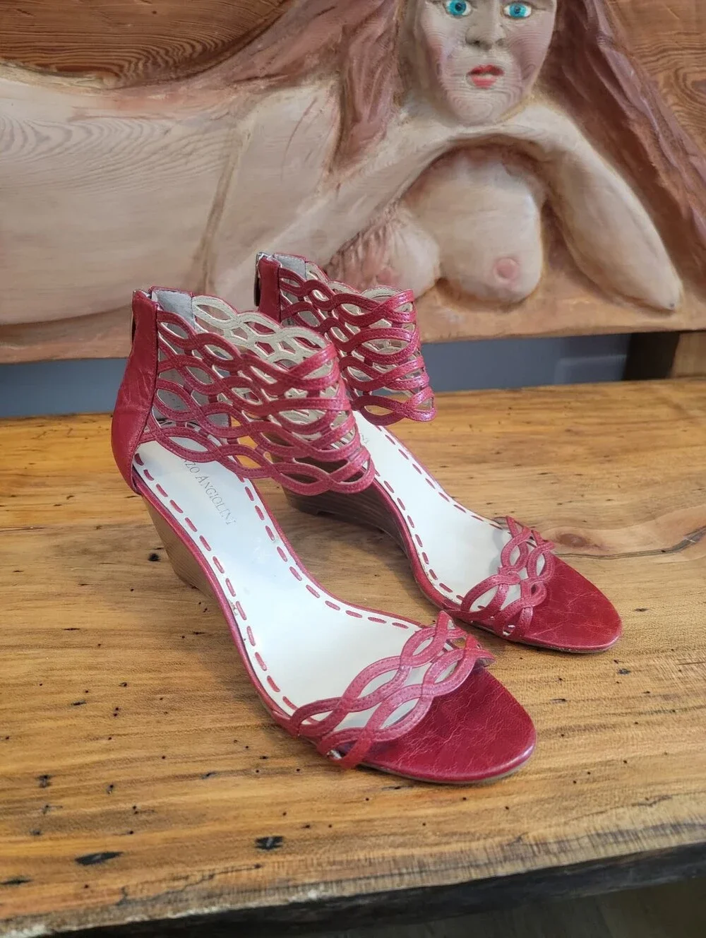 Enzo Angiloini Size 9 Red Laser Lattice Cut Leather Ankle $Toe 3